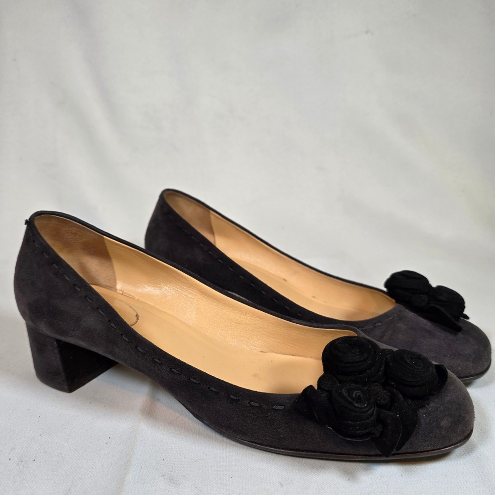 Semilla Rosette Block Heel Pumps Womens 38 Black Suede Square Toe Made in Italy